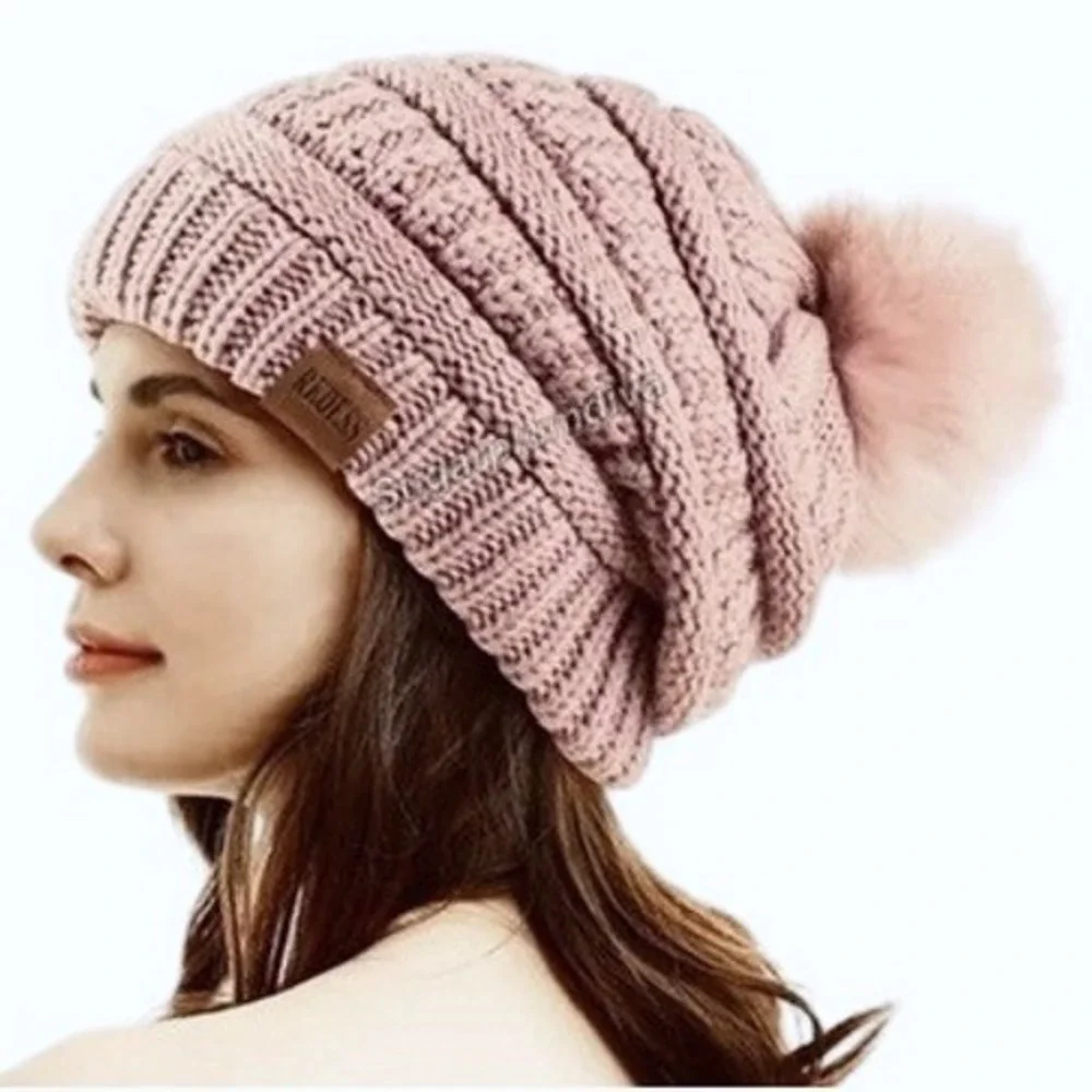Winter Cozy Warm Pom Pom Pink‎ Beanie Hat Knit Fleece Lined Slouchy Skiing NWT